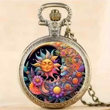 Vintage Sun  Moon Quartz Pocket Watch Fashion Necklace Pendant Men Women Gift