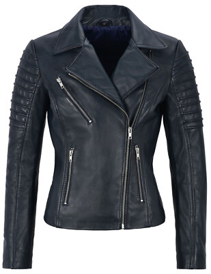 Women's Navy Blue Leather Jacket Fashion Designer Biker Leather Jacket