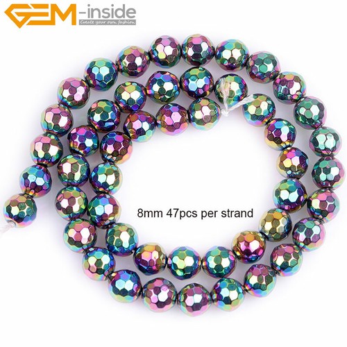 Multi-Color Faceted Metallic Coated Hematite Round Beads For Jewelry Making 15'' - Picture 22 of 30