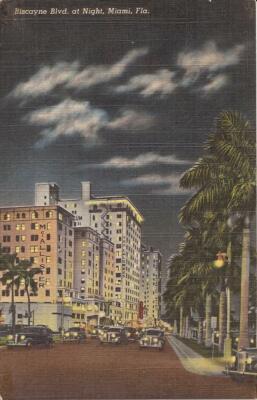 Miami, FLORIDA - Biscayne Blvd at Night - LINEN early cars, street & head lights