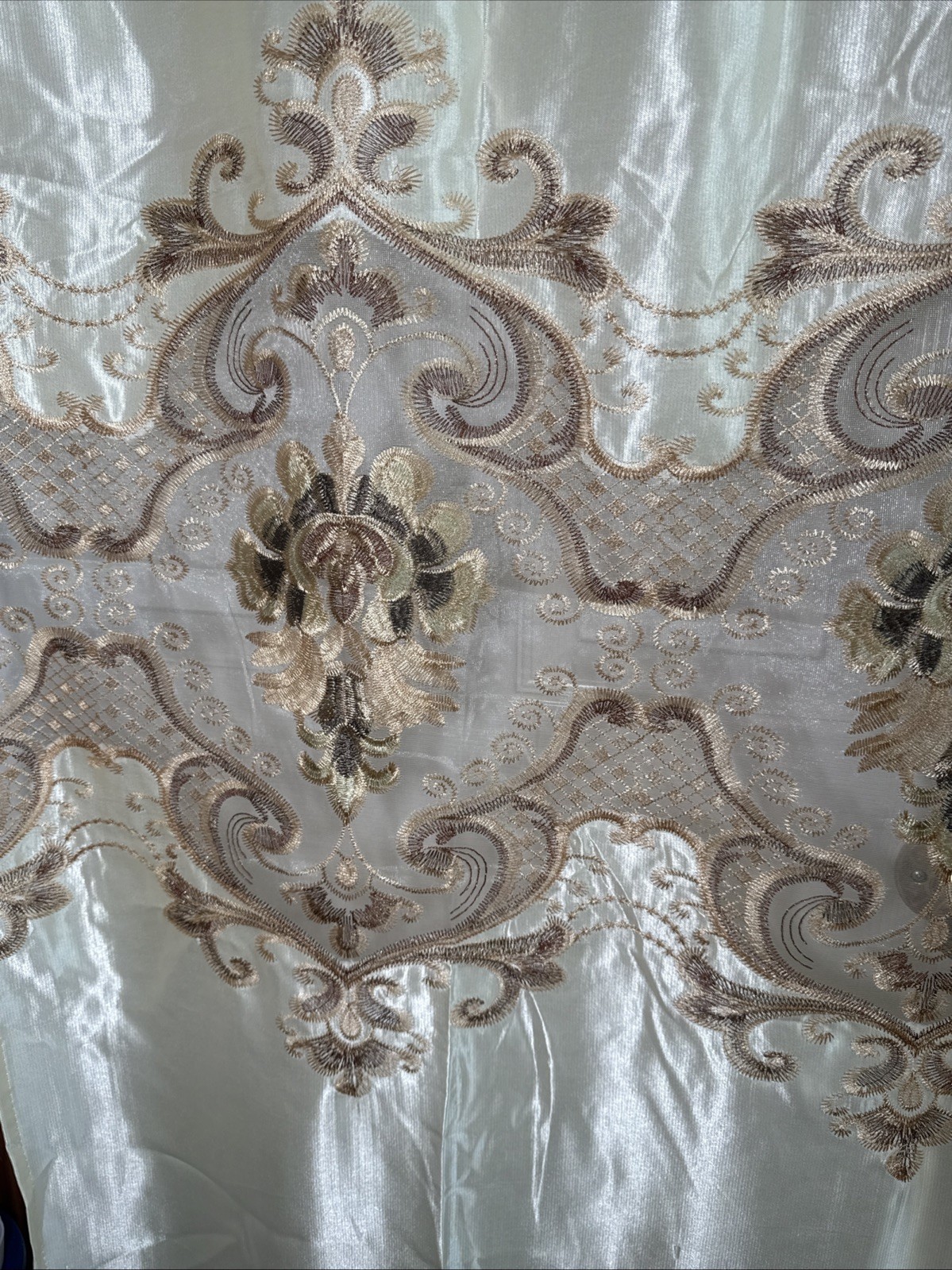 Pair (2) Curtain Panels Attached Valance Ivory Shimmer Satin Sheer Lace 54 X 87”