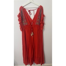 Free People Midi Dress Women M Red Embroidered Tassel Boho Festival Romantic