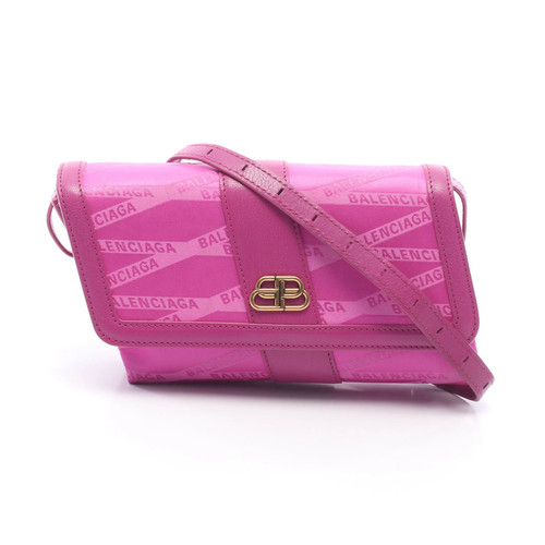 Balenciaga Monogram Shift Wallet on Strap Canvas Leather Pink Used Authentic