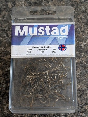 50 Pack - Mustad 3551 - Size 2/0 - Bronze Ringed Style Treble Hooks Muskie Pike