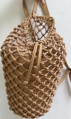 STAUD Beige Crochet Net Bucket Bag Drawstring Closure Lined Shoulder Strap