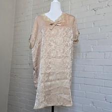 Vintage Champagne Gold Satin Damask Nightgown w/ Lace  Retro Coquette Loungewear