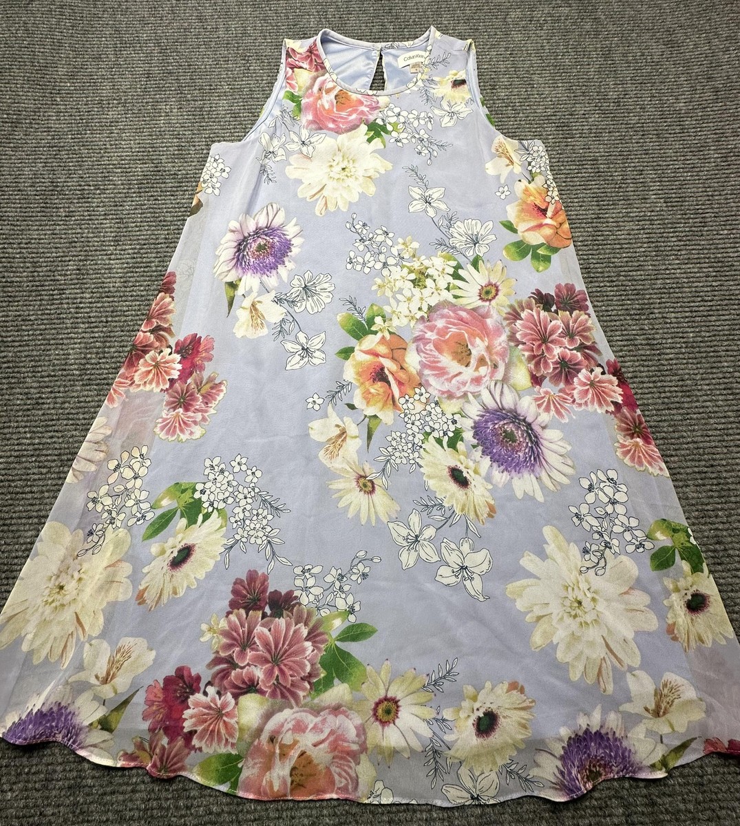 Calvin Klein Dress Womens 10 Purple Floral Sleeveless A-Line Lined Midi  Summer