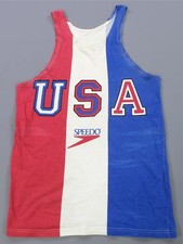 Rare VTG SPEEDO Team USA Striped Graphic Tank Top T Shirt 80s 90s Red White Blue