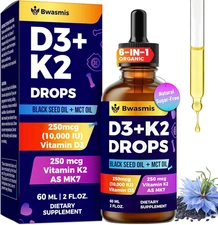 Vitamin D3 K2 Drops 10000IU with Organic Black Seed Oil, Magnesium, Omega-3, MCT
