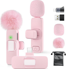 Wireless Lavalier Microphone USB C Dual Mic 65ft Noise Cancel Pink