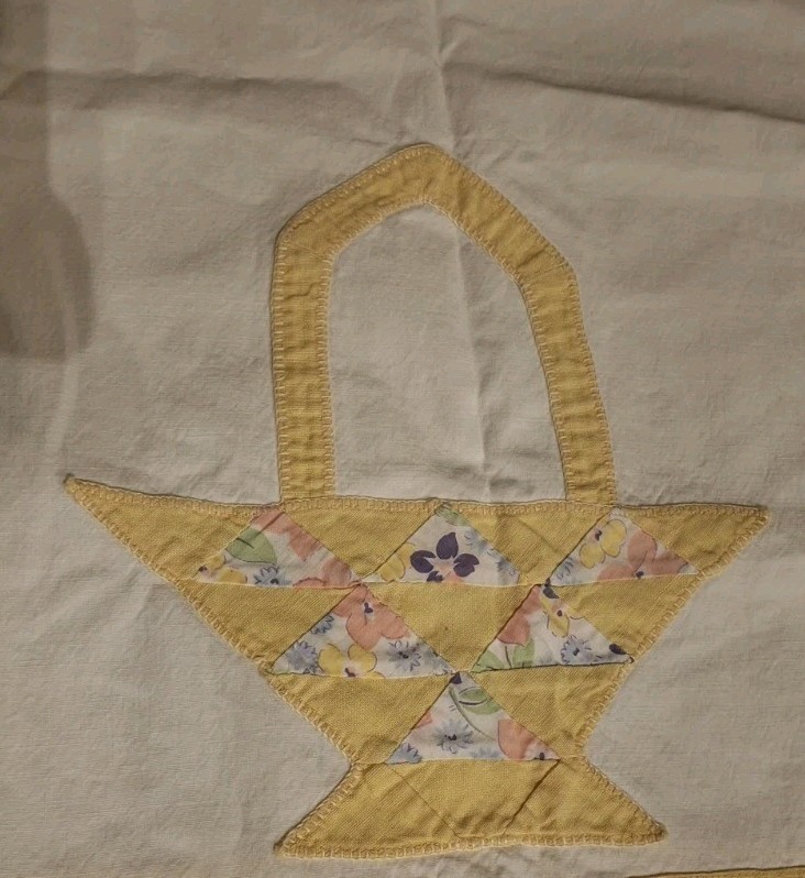 Vint. Antique? Yellow And White Table Runner Or Dresser Scarf W/ Basket Applique