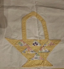 Vint. Antique? Yellow And White Table Runner Or Dresser Scarf W/ Basket Applique