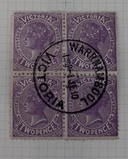 Victoria Australia QV 2d Purple Block of 4 Warrnambool 1901 Circular CDS VFU
