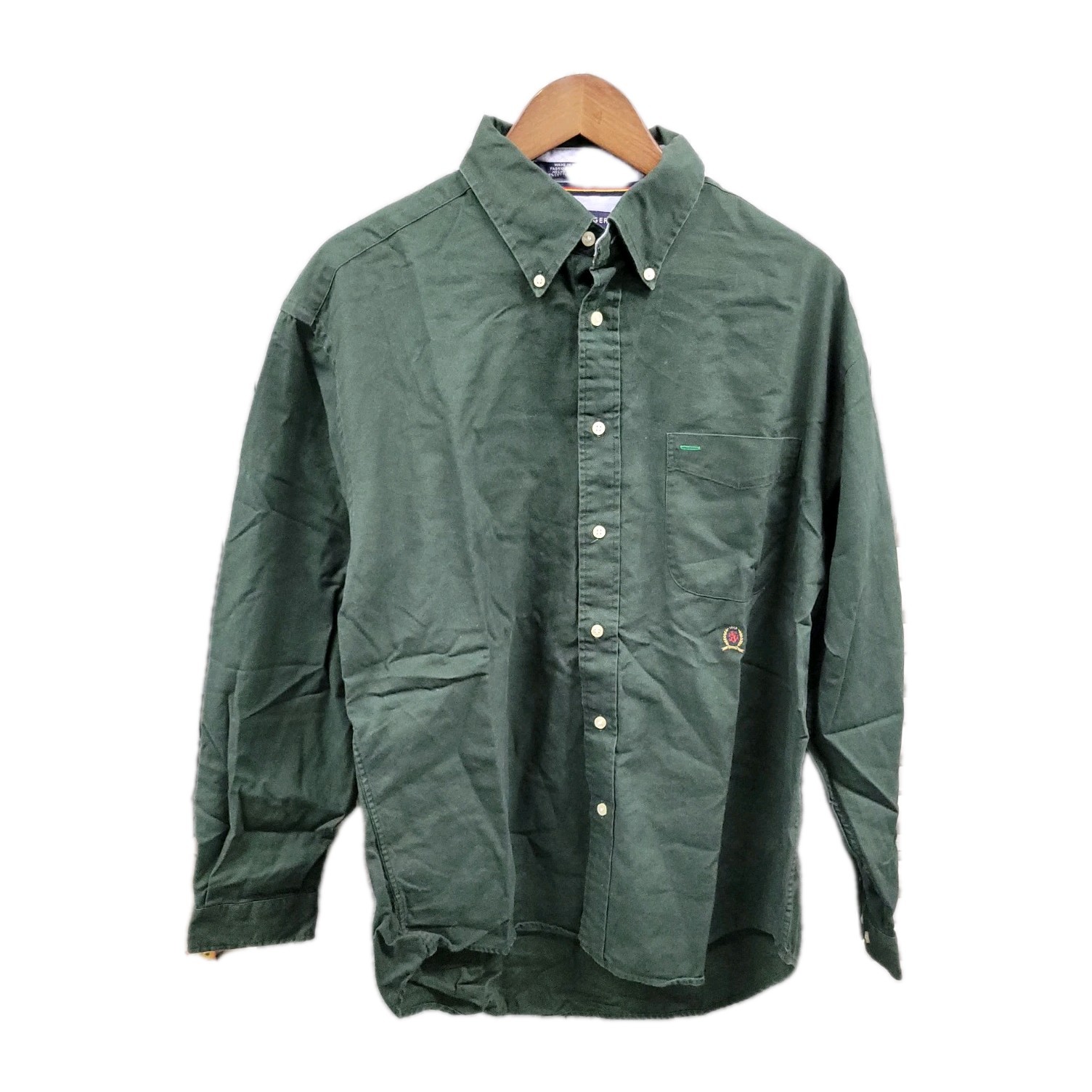 Tommy Hilfiger Men's Hunter Green 100% Cotton Long Sleeve Button Down Shirt Size L-image
