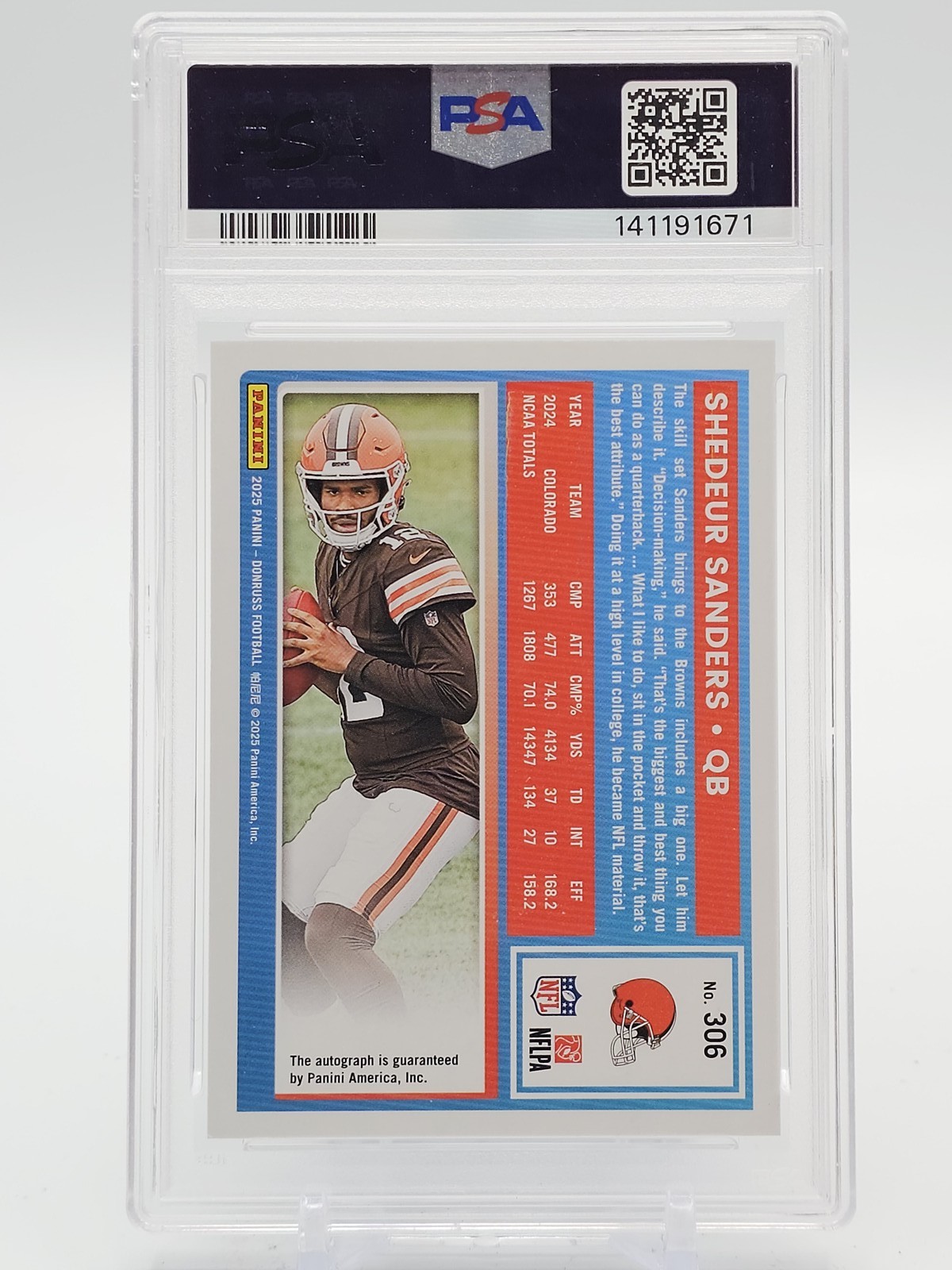 SHEDEUR SANDERS 2025 DONRUSS GREEN RATED ROOKIE AUTO GREEN #306 PSA 8 Q3813 view 2