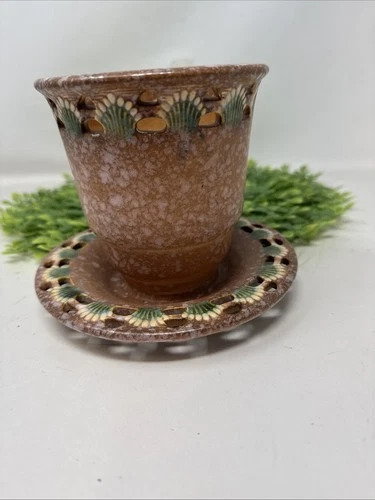 Fabulous Roseville Pottery Ferella Art Deco Planter w Saucer 5.25" Pink Green