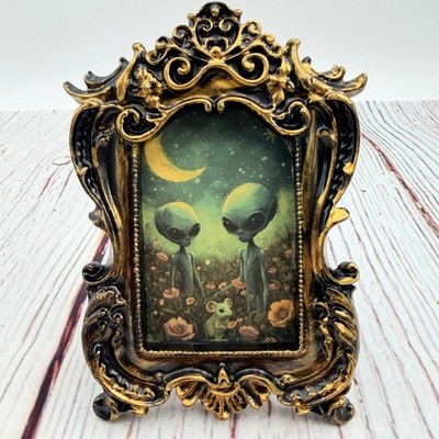Original Alien Art Print in Ornate Gold and Black Baroque Frame Sci-Fi Decor