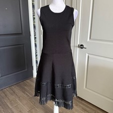 NWT Parker Black Fit and Flare Sweater Knit Dress with Fringe Hem Size M