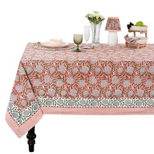 Ridhi Dark Salmon Pink Hand Block Print Cotton Rectangle Tablecloth 60" x 60"...