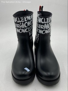 Moncler Womens Black Leather Round Toe Mid Calf Rain Boots Size US 6.5