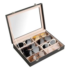 Sunglass Organizer,PU Leather Glasses Organizer,8-Slot With Lid Black