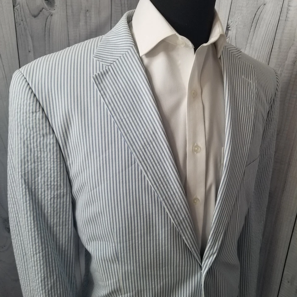 Paul Fredrick Seersucker Men's 46R 2 Piece Suit Blue Stripe 40" Flat Front Pants - Image 4 of 4