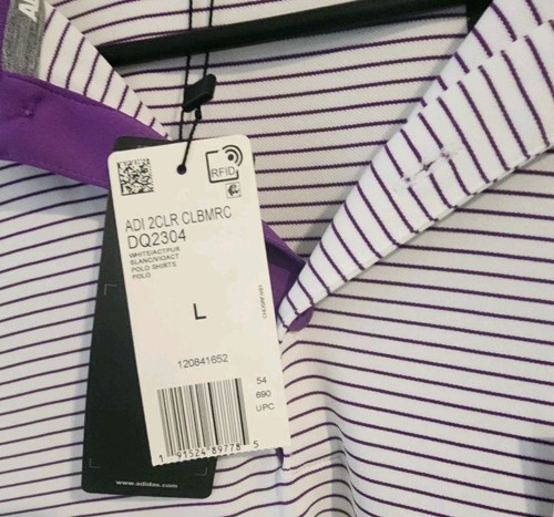 ADIDAS GOLF POLO LONG BAY CLUB MENS LARGE WHITE PURPLE STRIPED EMBROIDED NEW!! - Picture 8 of 10