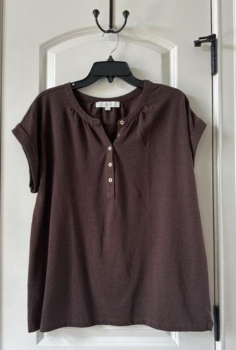 LOFT Ann Taylor Henley Top Size Large Chocolate Brown Cuff Short Sleeve Tee