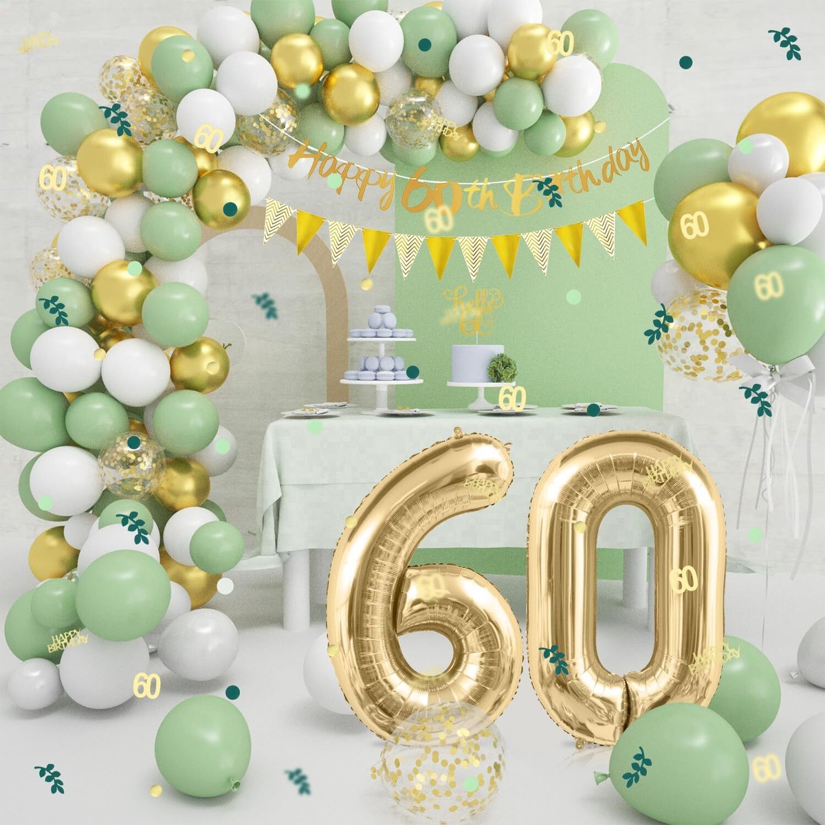 60. Geburtstag Deko Set - Salbeigrün Mit Gold & Weiß Für Die Perfekte Party
