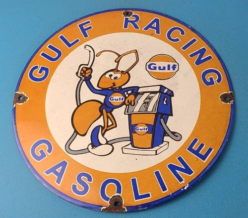 Vintage Gulf Gasoline Sign - Racing Division Gas Pump Station Porcelain Sign
