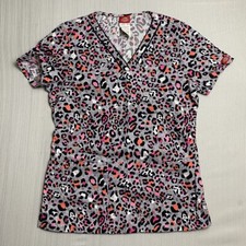 Dickies Women's Scrub Top Size XS Gray Pink Animal Print V Neck Medical Uniform