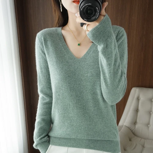 Autumn Winter Warm Cashmere Sweater Woman V-Neck Pullover Casual Knitted Tops - Bild 10 von 19