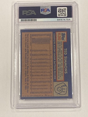 Ted Simmons 1984 Topps PSA/DNA Signed Autograph Card Auto Milwaukee Brewers #630 - Picture 3 of 3