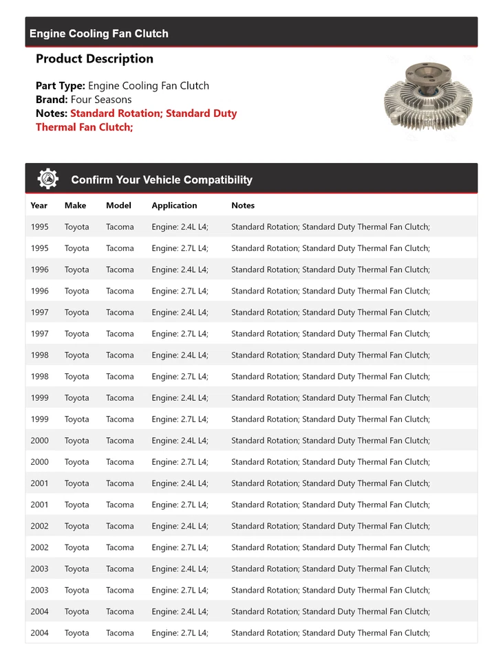 For 1995-2004 Toyota Tacoma Engine Cooling Fan Clutch 4 Seasons 1996 1997 1998 - Image 2 of 4