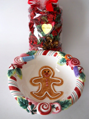 Fitz & Floyd Christmas Candy Lane Bowl w/Potpourri Unused in Open Box 2001