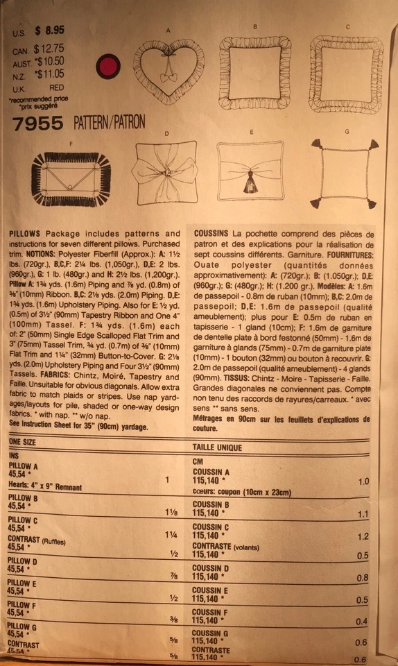 NEW/VINTAGE 1990 VOGUE PATTERNS FOR LIVING 'PILLOW' PATTERN 7955 ALL SIZES - Image 2 of 2