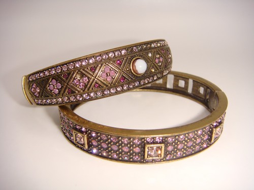 LOT OF TWO HEIDI DAUS CLAMPER BANGLE BRACELETS PINK LAVENDER RHINESTONES ESTATE