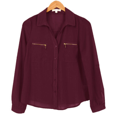 Women's Zipper Pocket Button Up Blouse Top Shirt S M L | eBay