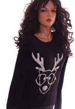 Womens Jr Glitter REINDEER Ugly Christmas Sweater Party Rudolph Top S M L NEW