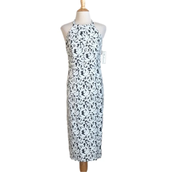 OFF WHITE Abito SHOSHANNA Uma taglia 8 nuovo Halter nero con sovrapposizione pizzo bianco sporco nuovo con etichette
