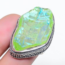 Bague pierre précieuse agate tranchée verte fait main bijou vintage femme 6,2...