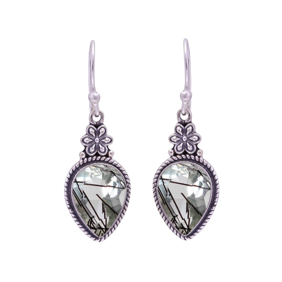 Black Rutilated Quartz Gemstone Handmade 925 Sterling Silver Jewelry Earrings - Image 2 of 4