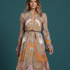 Zimmermann Lola Paisley Dress Size 0/AU 8/US 4 Midi Linen Bell Sleeve Authentic