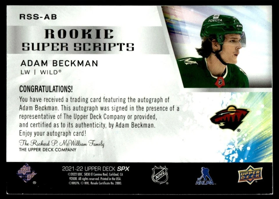 2021-22 SPx Rookie Superscripts Adam Beckman Auto Minnesota Wild #RSS-AB - Image 2 of 2