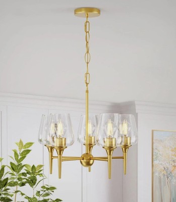 Modern 5-Light Gold Wine Glass Chandelier Satin Brass Clear Glass Dining Room