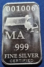A Massachusetts State Art Bar-1/2 Troy oz. .999 Fine Silver