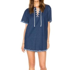 ASTR The Label Consuelo Dark Denim Lace-Up Frayed Edges Tunic Dress Small