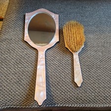 Vintage French Ivory Celluloid Handheld Curved Mirror and Hair Brush Vanity Set