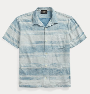 RRL Ralph Lauren Thick Indigo Striped Jersey Camp Shirt-MEN-S | eBay