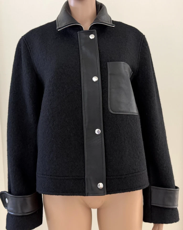 Chaqueta Blazer Club Monaco Para Mujer Talla XL Negra Lana Cuero Borde y Bolsillos Foto 4 de 4